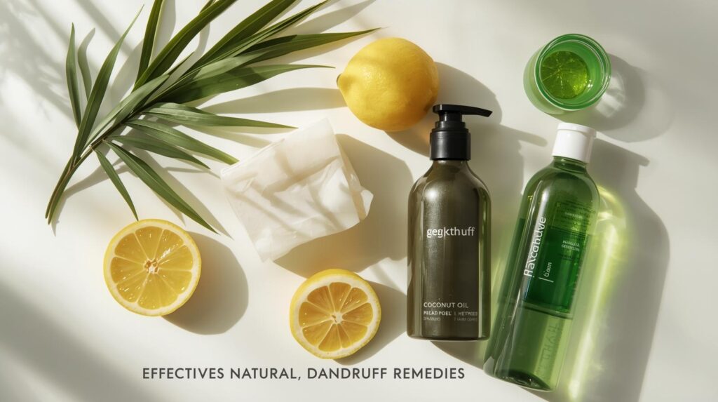 🌸 Say Goodbye to Dandruff aesthetic composition of tea tree leaves, coconut oil, lemon, and aloe vera arranged neatly with shampoo bottles. clean background, soft shadows, representing natural dandruff remedies.