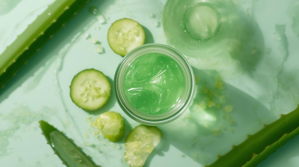 🌸 The Ultimate Skincare Routine: Achieve Clear, Radiant, and Healthy Skin Naturally flatlay of cucumber & aloe vera cooling gel