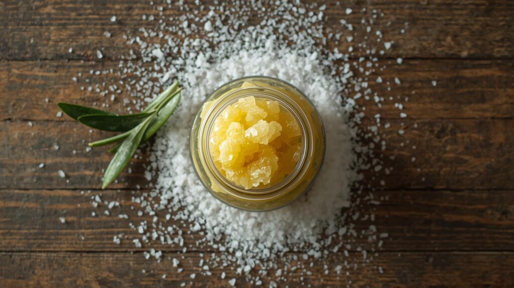 ๐ From Dark to Dazzling: Natural Remedies and Lip Care Finds for Brighter Lips sugar and olive oil scrub in flatlays